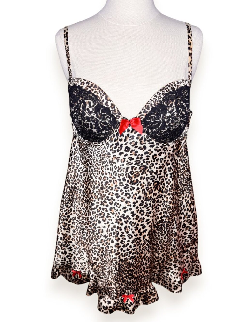 Apt. 9 Brown Black Leopard Animal Print Satin Lace Bows Babydoll Lingerie XL